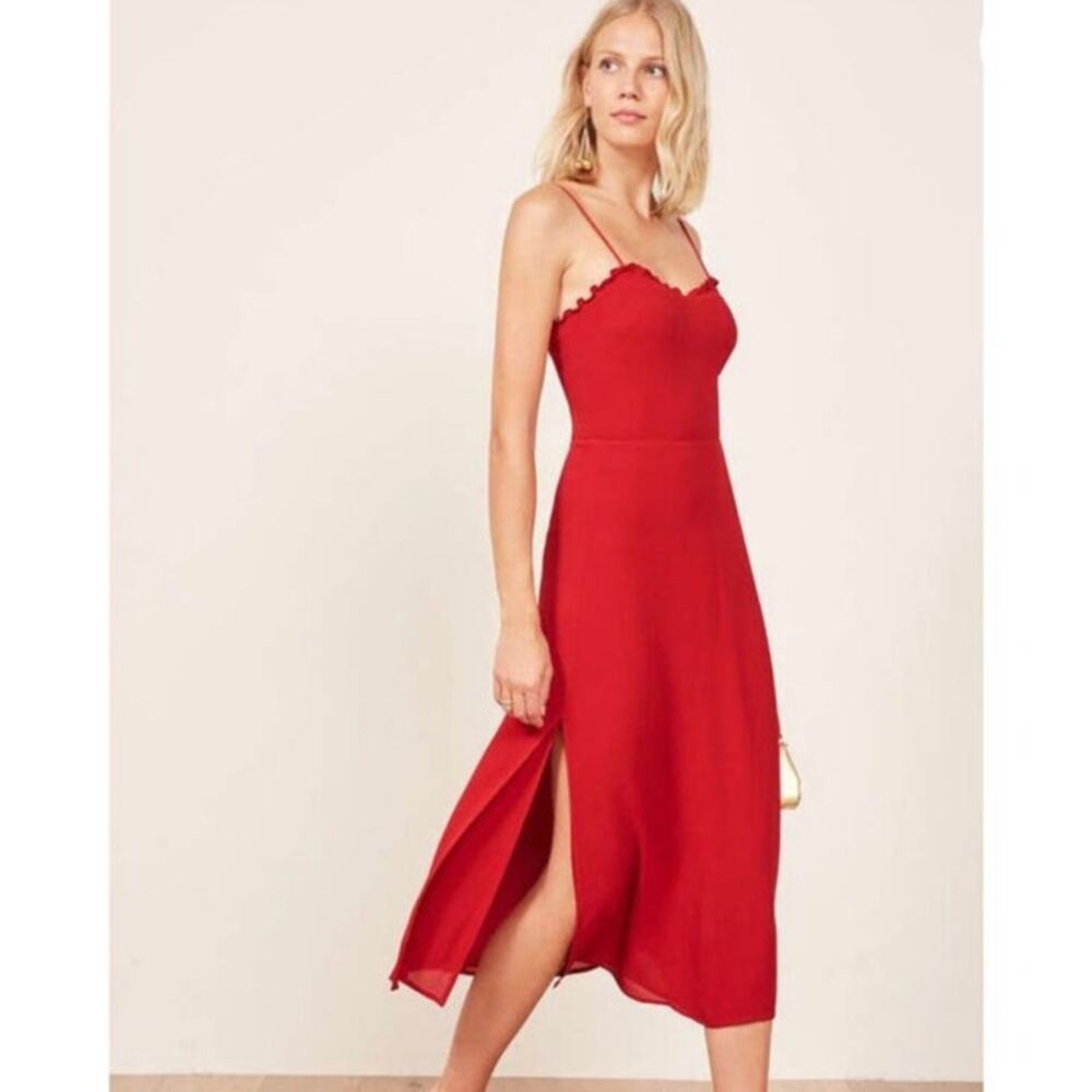 Reformation Cassandra Cherry Red‎ Midi Ruffle Dress Size 8 - Picture 2 of 13